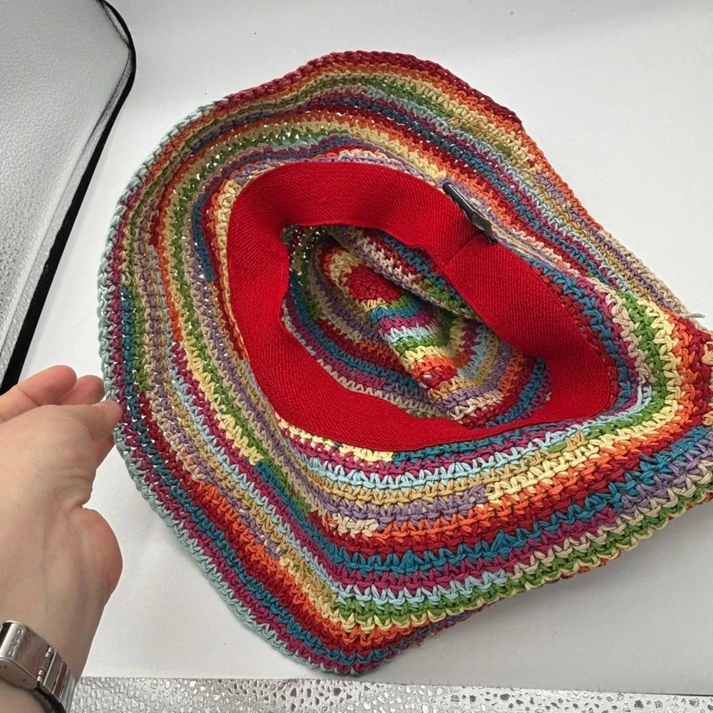Womens Rainbow Crochet Straw Sun Hat Multicolor Raffia Beach Resort Boho Garden